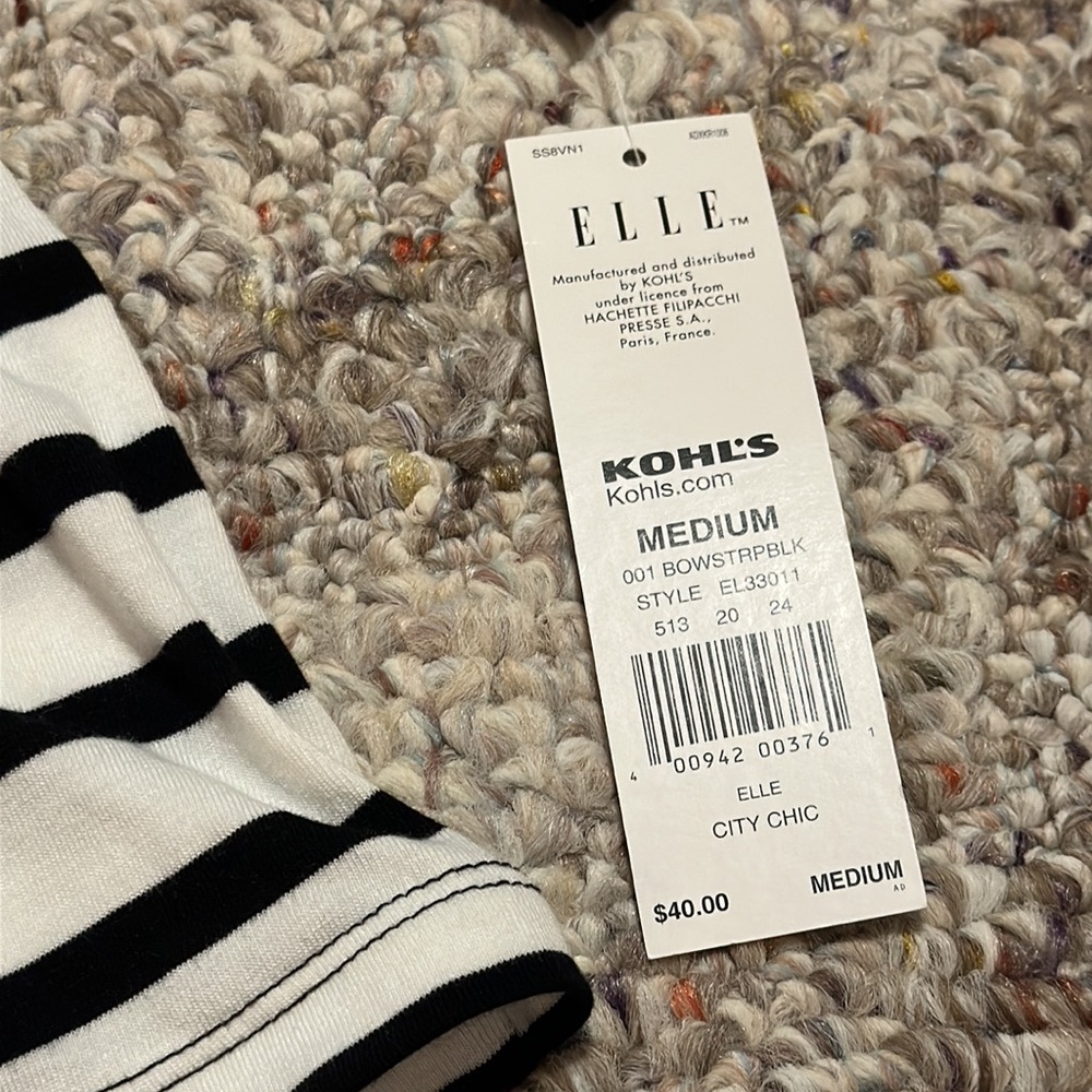 Elle, medium, black and white striped 3/4” blouse, new with tags!! - Picture 2 of 3